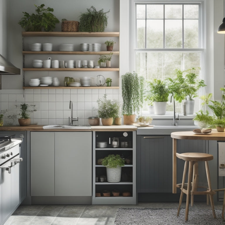 A clutter-free, minimalist kitchen with a petite island, wall-mounted utensil rack, and a compact refrigerator, surrounded by warm, natural light and a few potted herbs on the counter.