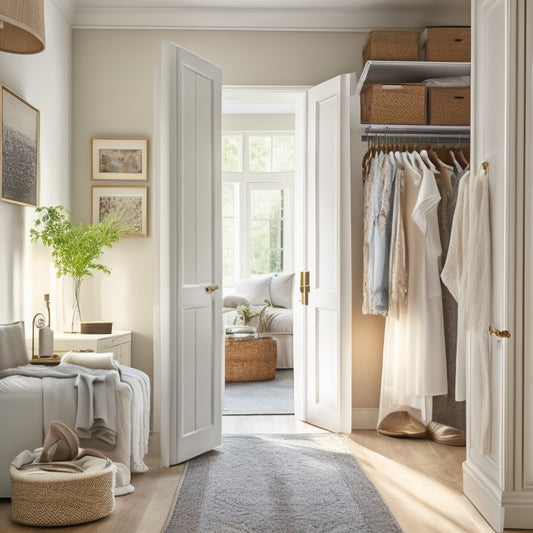 A serene, light-filled closet space with a mix of modern and vintage furniture pieces, open shelves, and a floor-to-ceiling window with flowing white curtains and a few scattered clothes hangers.