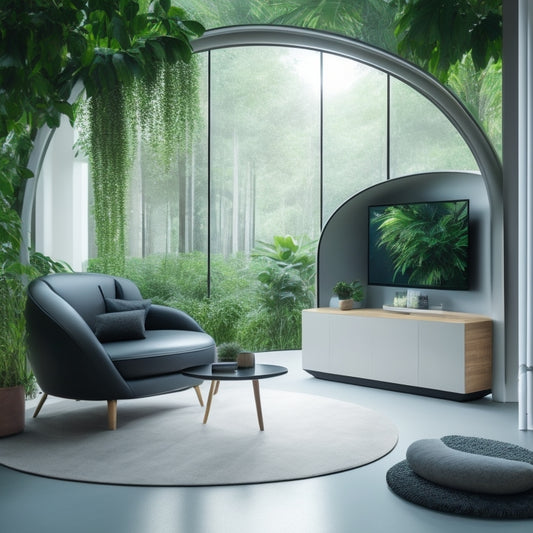 A sleek, modern room with a large, curved smart screen displaying a 3D floor plan, surrounded by minimalist furniture and lush greenery, with a 3D printing machine in the corner.