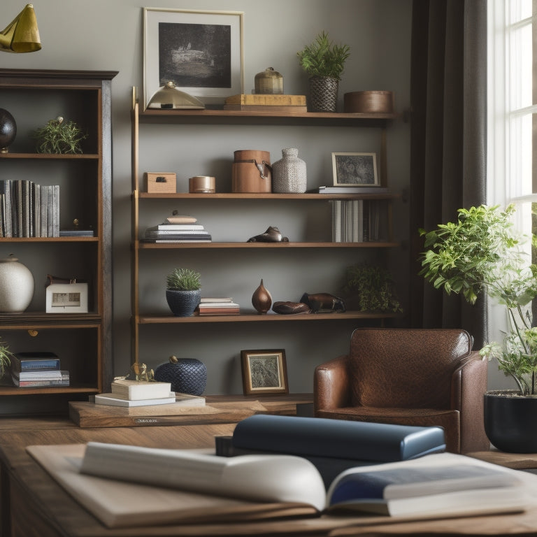 A serene, well-organized living room with a few, carefully selected decorative items, a minimalist bookshelf, and a small, tidy desk with a single, leather-bound planner.