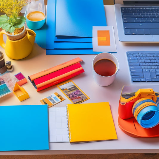 A colorful, clutter-free desk with a laptop, a few copyshop files, a budget notebook, and a cup of coffee, surrounded by scattered paper scraps and a few affordable printing samples.