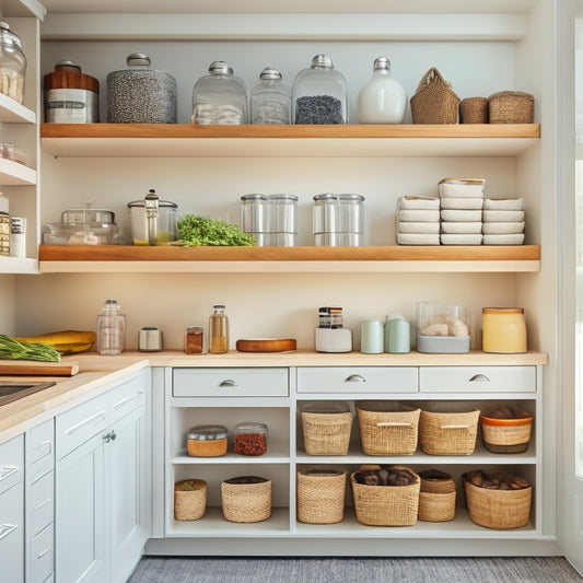 A serene kitchen with a utensil organizer on the counter, a pull-out spice rack, and a tidy pantry with labeled baskets, against a calming light gray and white background.