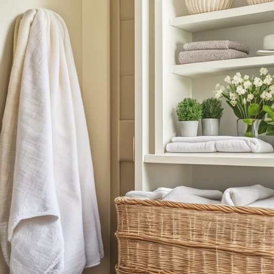 A serene, well-organized linen closet with crisp, folded white towels and sheets stacked on wooden shelves, with a few woven baskets and a single, elegant vase holding a few fresh flowers.