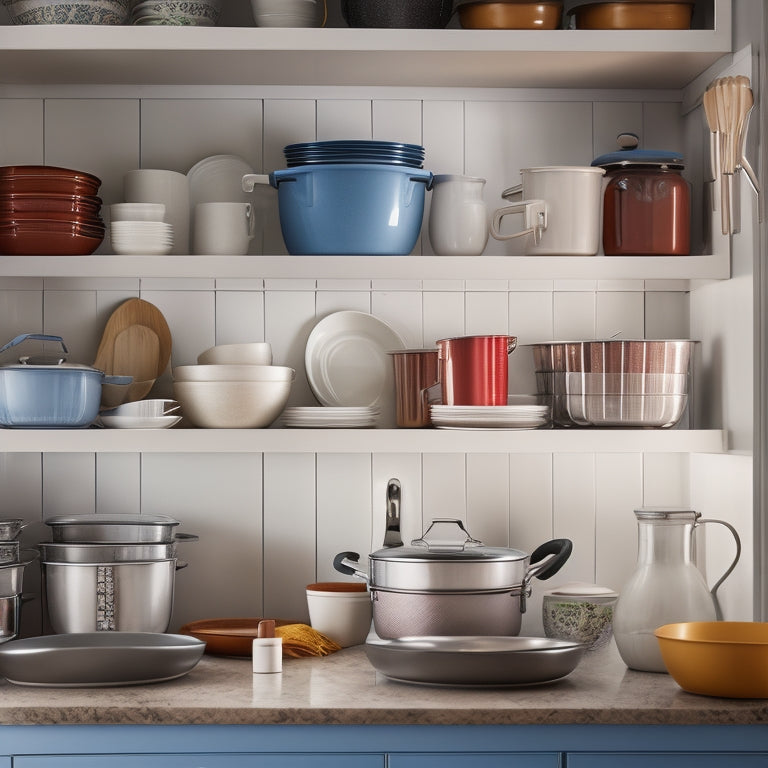 A cluttered kitchen cabinet with stacks of dishes and cookware spilling out, beside a tidy cabinet with dividers organizing items by category and size, with warm lighting and a soft focus.