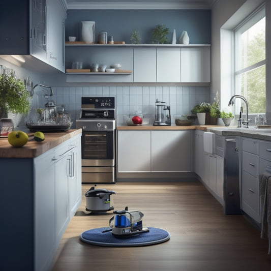 A tidy kitchen with a sink full of sparkling dishes, a robot arm scrubbing the counter, and a vacuum cleaner whizzing by, amidst a backdrop of spotless appliances and a gleaming hardwood floor.