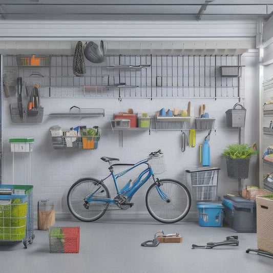 A clutter-free garage with a pegboard on a gray wall, holding various tools and accessories, surrounded by labeled bins and baskets on metal shelving units, with a few bicycles and a lawn mower parked in the background.