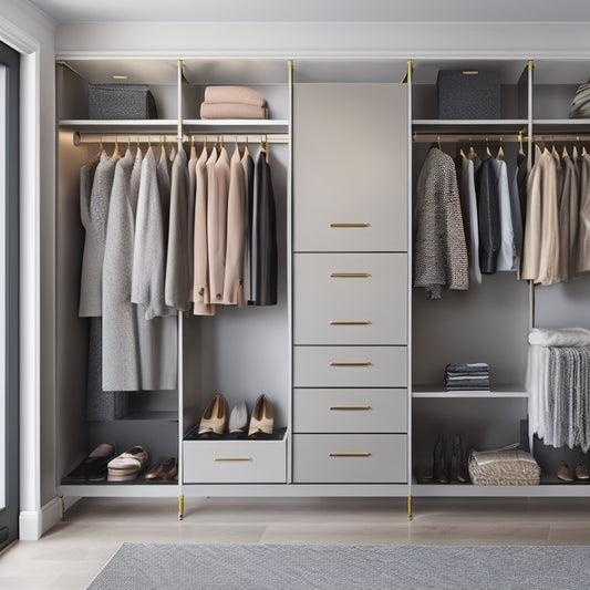 A sleek, modern closet interior featuring Brightroom's Metal Closet System: floor-to-ceiling metal frames, adjustable shelves, and hanging rods, with neatly organized clothing, shoes, and accessories in a calming, neutral color palette.
