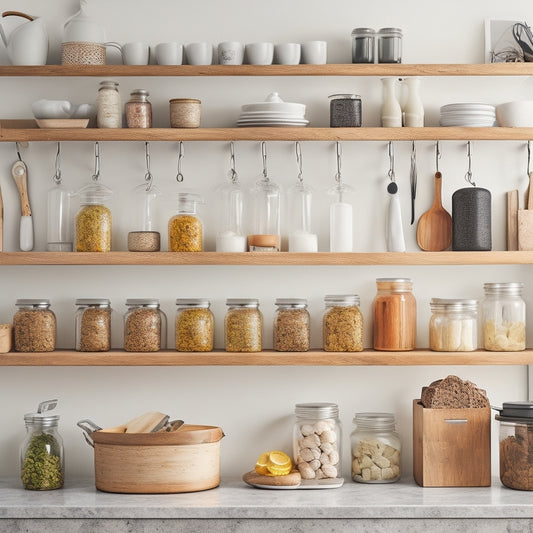 A tidy kitchen countertop with 10 distinct DIY utensil storage systems, each showcasing a unique organizational method, such as repurposed jars, wooden crates, and hooks, against a clean white background.