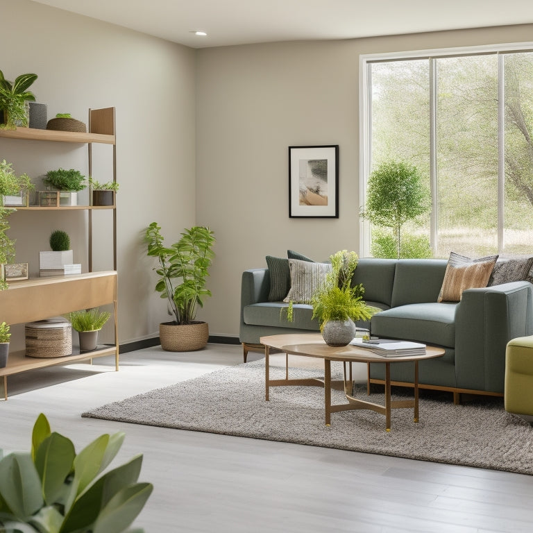 A bright, modern living room in Little Elm with a sleek, wall-mounted shelving system, minimalist decor, and a hidden storage ottoman, surrounded by natural light and lush greenery.