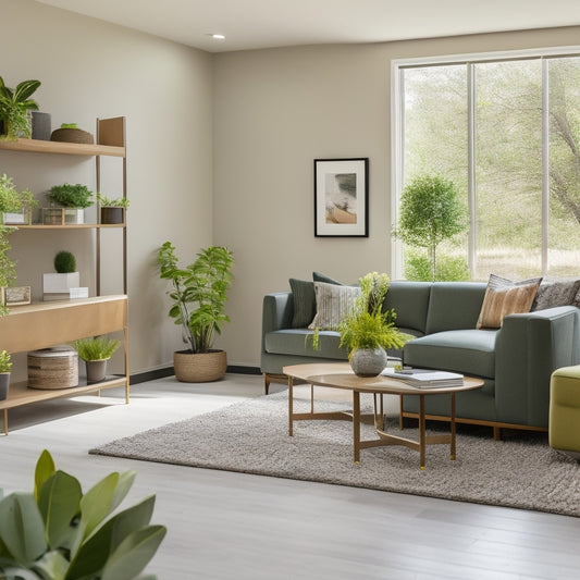 A bright, modern living room in Little Elm with a sleek, wall-mounted shelving system, minimalist decor, and a hidden storage ottoman, surrounded by natural light and lush greenery.