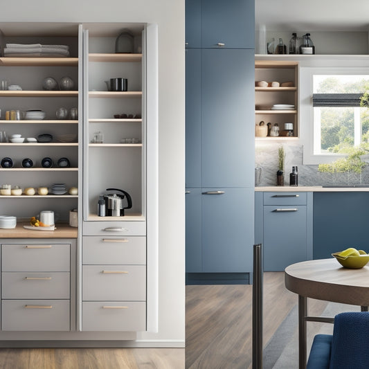 A bright, modern kitchen with sleek, handleless cabinets, a built-in wine rack, and a pull-out pantry, featuring a mix of open shelving and hidden storage compartments.