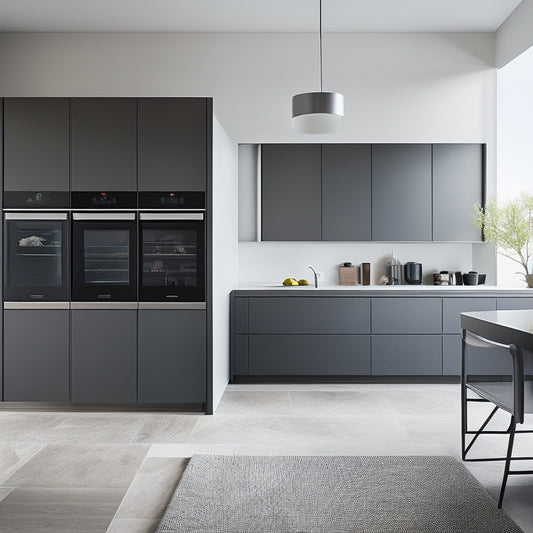 A sleek, modern kitchen with a minimalist aesthetic, featuring a concealed refrigerator behind a sliding panel, a hidden range hood, and a pop-up cooktop, surrounded by clean lines and ample counter space.