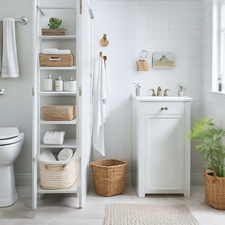 A tidy, white bathroom with a pedestal sink, showcasing a repurposed wicker basket under the sink, a DIY shelving unit above the toilet, and a refurbished ladder turned storage rack.