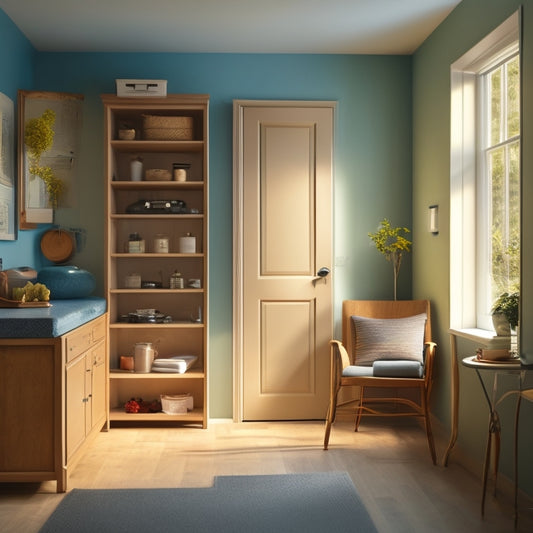 A serene, well-lit room with a wheelchair-accessible storage unit featuring adjustable shelves, grab bars, and a lowered countertop, surrounded by calm, natural colors and soft, warm lighting.