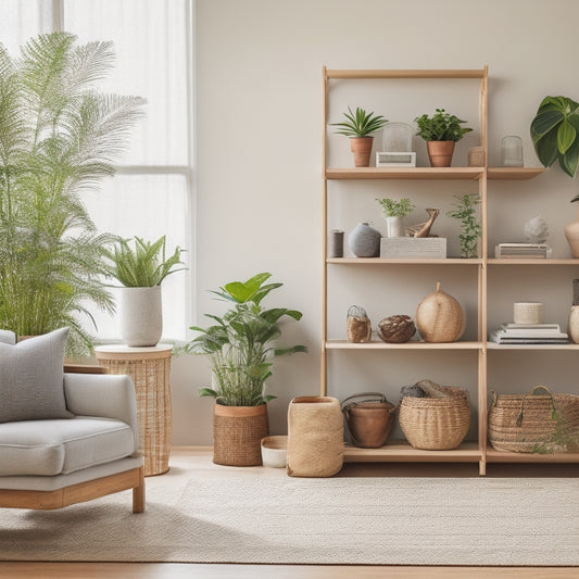 A serene, minimalist living room with a DIY shelving unit made from reclaimed wood, a woven basket storage ottoman, and a few carefully placed potted plants amidst a neutral-colored backdrop.