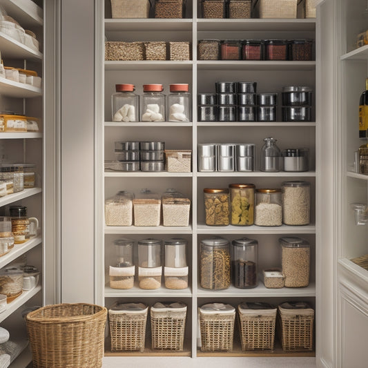 A tidy pantry with multi-tiered baskets, stacked canisters, and hanging spice racks on a sleek, gray background, illuminated by soft, warm lighting.