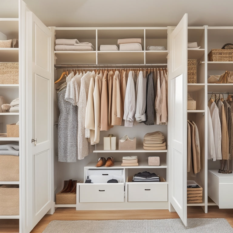 A bright, organized walk-in closet with a mix of open shelving, drawers, and double rods, featuring a neutral color scheme, natural light, and a few stylish clothing items and accessories.