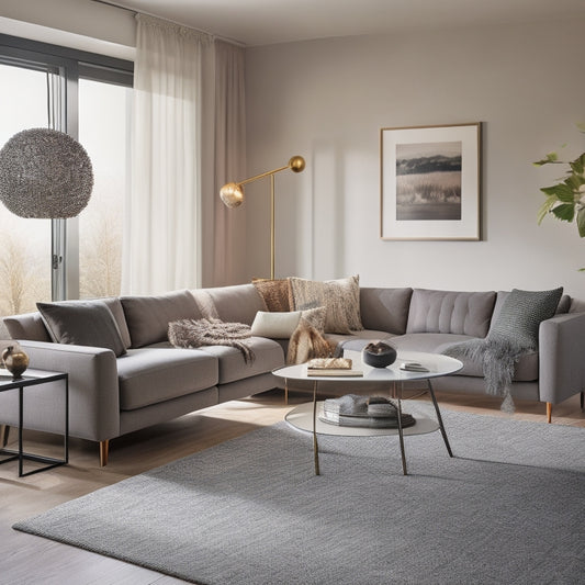 A modern living room with a sleek, low-profile coffee table featuring built-in storage, a lift-top surface, and a USB charging station, surrounded by a plush sectional sofa and a floor lamp.