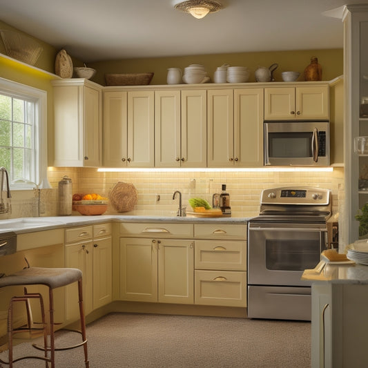 A cluttered, outdated small kitchen with worn, yellowed cabinets, faded countertops, and a single, dim light bulb, contrasted with a renovated version featuring sleek, white cabinets, granite countertops, and modern appliances.