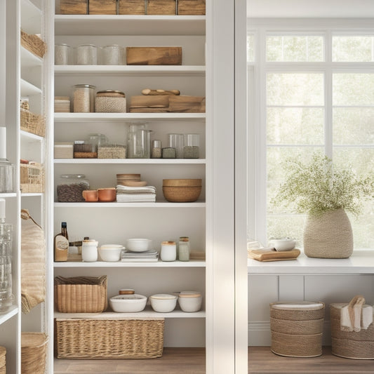 A serene pantry interior with sleek, white shelves and warm wood accents, featuring neatly arranged glass jars, baskets, and stacked cookbooks, illuminated by soft, natural light.