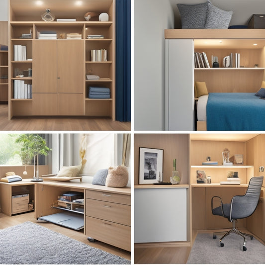 A bright, modern room with a Murphy bed, fold-down desk, and sliding panels revealing hidden shelves and drawers, showcasing maximum storage and organization in a small space.