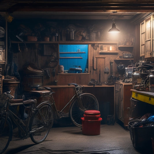 A dimly lit garage interior with cluttered shelves, dusty tools, and forgotten memorabilia, featuring a rusty old bicycle, a vintage trunk, and a faint outline of a hidden door or secret compartment.