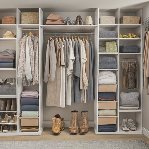 A cluttered small closet with clothes spilling out, shoes scattered, and a single rod overwhelmed, contrasted with a customized storage solution featuring double rods, shelves, and baskets in a calm, organized space.