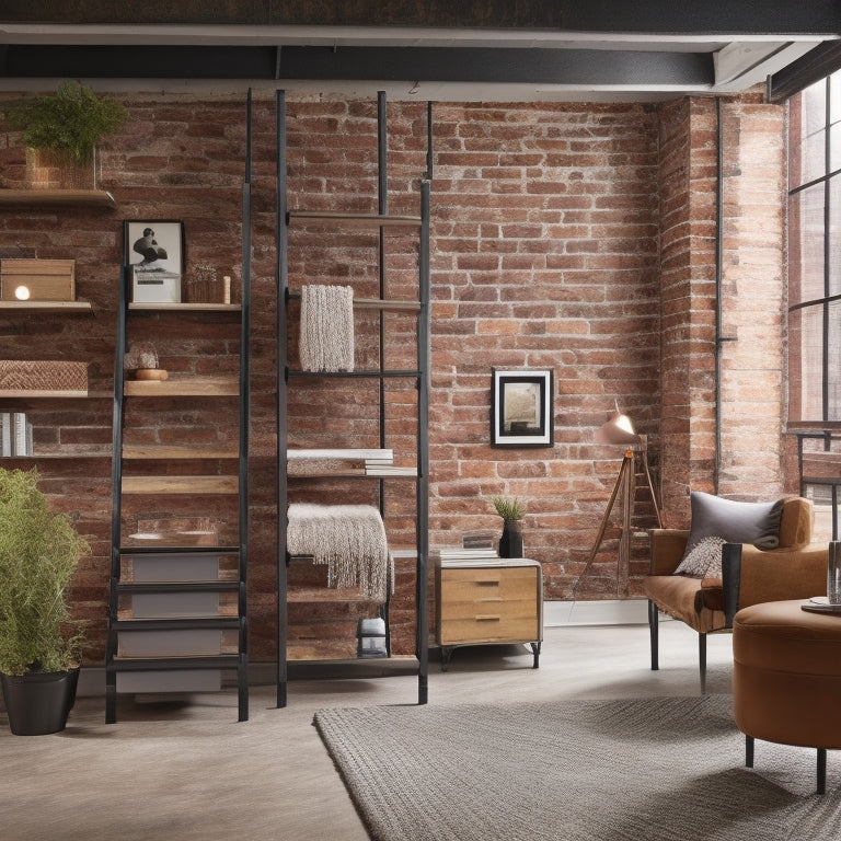 A bright, organized basement with exposed brick walls, featuring a sleek, wall-mounted shelving unit, a storage ottoman, and a sliding ladder accessing high shelves, amidst a minimalist, industrial-chic decor.