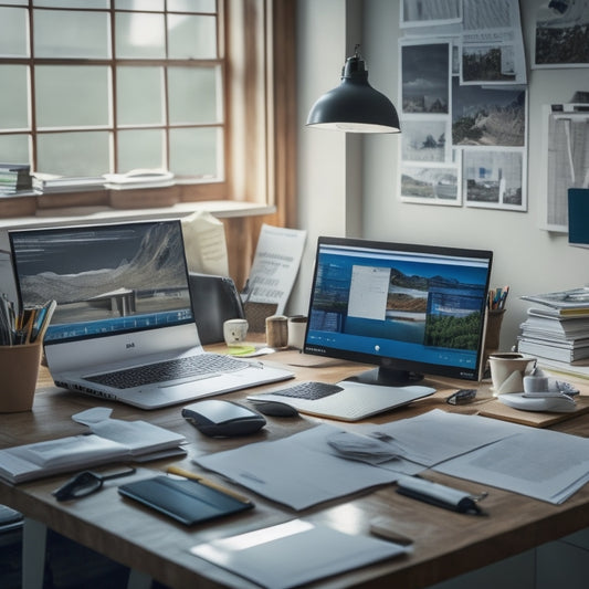 A cluttered home office with scattered papers, empty folders, and a laptop with multiple windows open, contrasted with a clean and organized digital desktop with categorized folders and a tidy laptop screen.