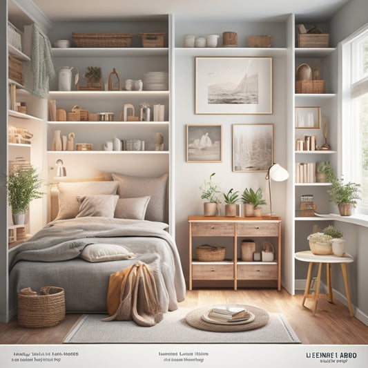 A warm and inviting illustration of a tidy home, showcasing organized rooms, including a clutter-free living room with a minimalist bookshelf, a sparkling kitchen with labeled jars, and a serene bedroom with a made bed.