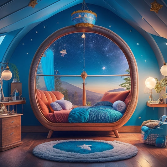 A whimsical bedroom scene featuring a treehouse-style bed, a hot air balloon-inspired reading nook, and a spaceship-shaped desk amidst a galaxy of twinkling star lights and soft, fluffy clouds.