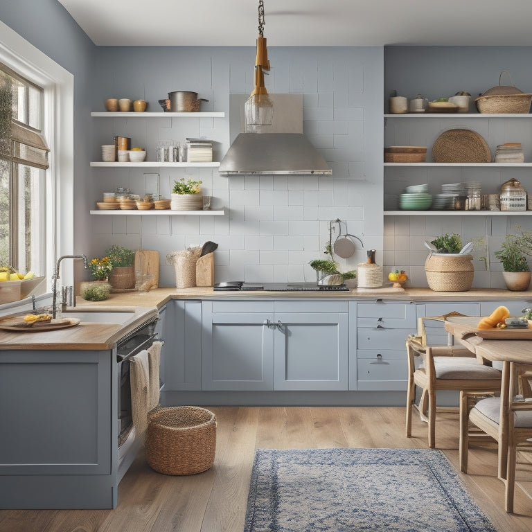 A serene kitchen with a U-shaped layout, featuring a central island with built-in utensil organizers, adjacent to a cooking zone with a gas stove and a pegboard for frequently used pots and pans.