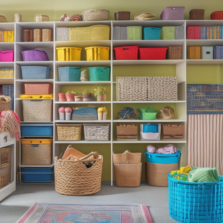 A colorful, clutter-free storage room with 10-12 bins of varying sizes, shapes, and materials (wicker, plastic, fabric) stacked and arranged on shelves, with a few strategically placed decorative items.