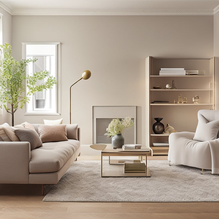 A serene, well-lit living room with a neutral color palette, featuring a sleek, minimalist shelving unit, a plush area rug, and a few, carefully-placed decorative accents amidst ample negative space.