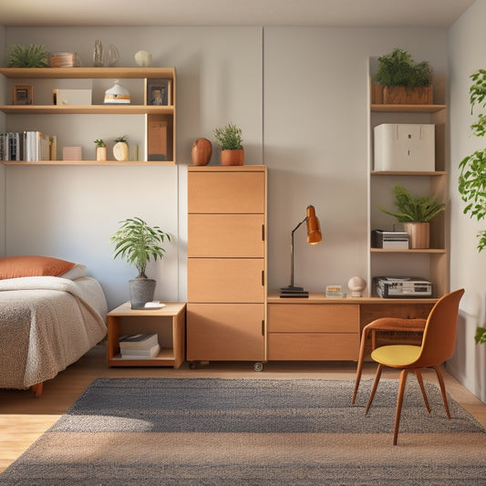 A clutter-free, minimalist room with a Murphy bed, wall-mounted shelves, and a sliding storage ottoman, featuring a small, circular rug and a single, potted plant on a compact desk.