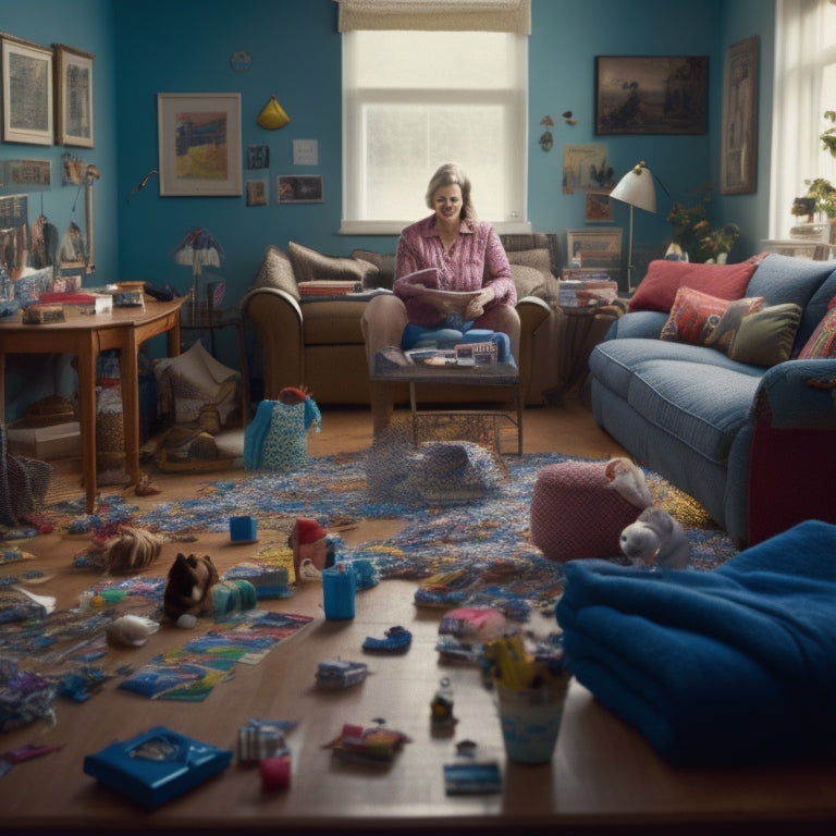 A cluttered living room with toys, laundry, and dishes scattered everywhere, surrounded by exhausted mom sitting on the couch, with a calendar and to-do list nearby, amidst chaos and mess.