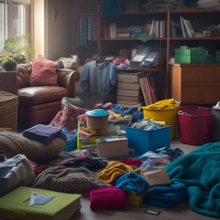 A cluttered living room with piles of clothes, books, and trash scattered around, contrasted with a small, organized corner featuring a labeled storage bin and a few neatly arranged items.