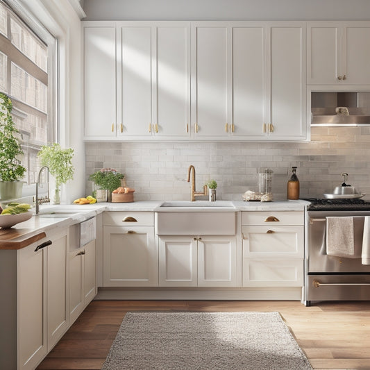 A small, modern kitchen with cream-colored walls and dark hardwood floors, featuring a compact kitchen cart with a butcher-block top, metal legs, and three drawers, situated between a stainless steel sink and a narrow window.