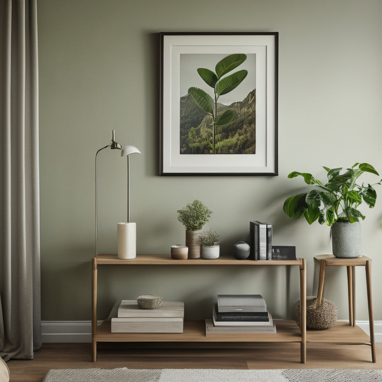 A serene, minimalist living room with a neatly organized bookshelf, a few framed photographs, and a single, lush green plant on a sleek, wooden side table, surrounded by a calm, neutral-colored background.