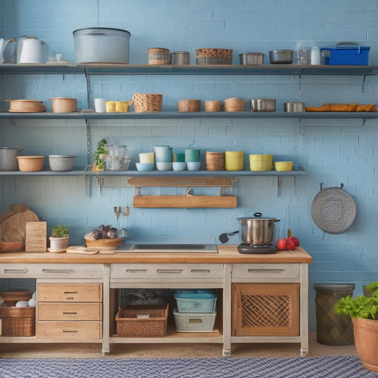 A clutter-free kitchen with a pegboard on a wall, holding utensils and baskets, adjacent to a repurposed crate turned island with a butcher-block top and caster wheels.