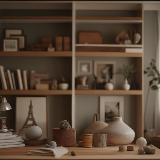 An organized, minimalist room with a few, carefully-placed decorative items, a tidy bookshelf, and a calm, natural color palette, contrasted with a cluttered, messy area in the background.