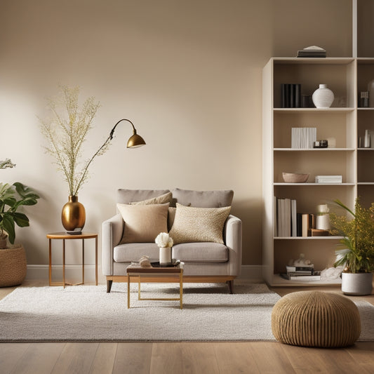 A serene, minimalist living room with a few, carefully-placed decorative items, a tidy bookshelf, and a stylish storage ottoman, surrounded by a subtle, warm glow and plenty of negative space.