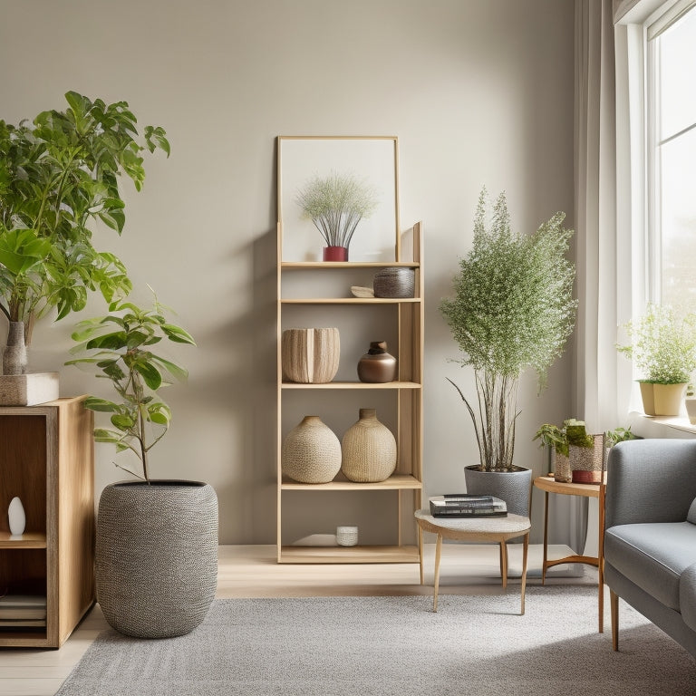 A bright, airy living room with a sleek wooden storage unit against a light-gray wall, holding a few decorative vases, a potted plant, and a few stacked books, with a minimalist rug.