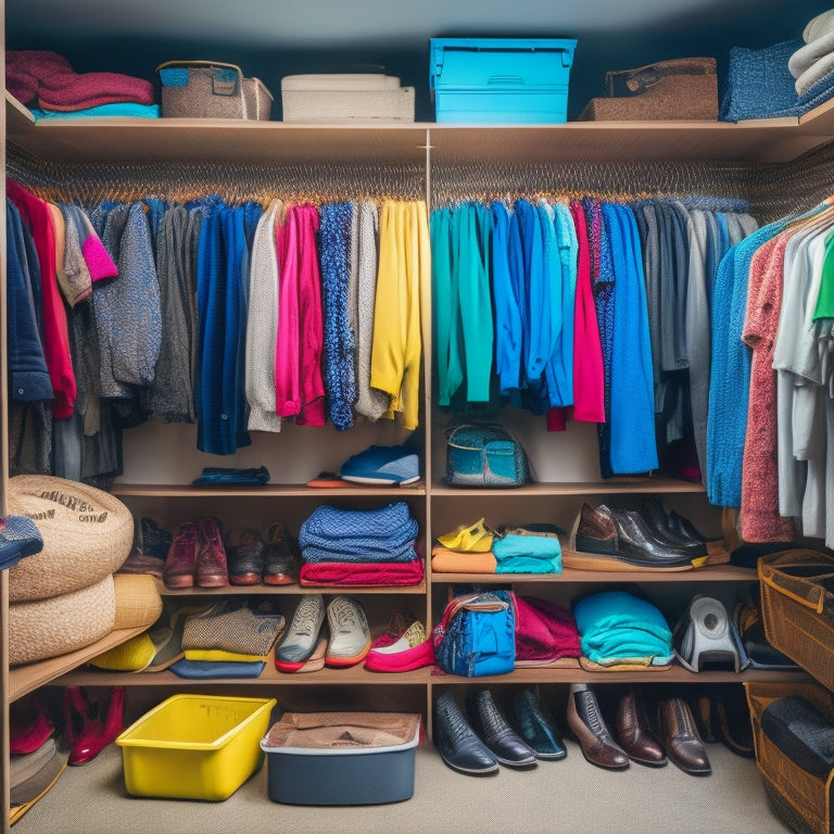 A cluttered closet with clothes spilling out, shoes stacked haphazardly, and a vacuum cleaner buried beneath a pile of dusty storage bins, surrounded by faintly visible outlines of organized shelves and tidy spaces.