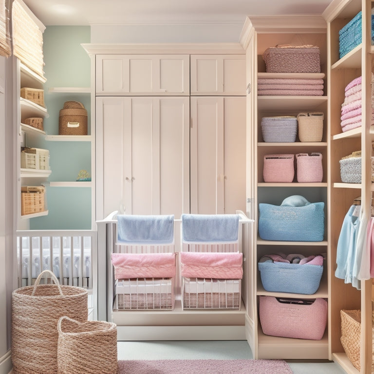 A serene, well-lit nursery closet with soft pastel hues, featuring a double rod with evenly spaced, folded onesies on shelves, and a stack of woven baskets labeled with small, colored tabs.