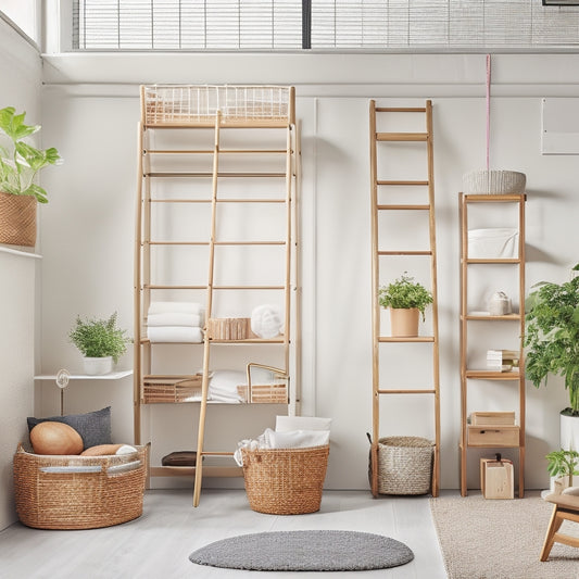 A serene, well-organized loft space with sleek, white storage bins and baskets, a few neatly folded blankets, and a ladder leaning against a wall with a single, potted plant on the top rung.