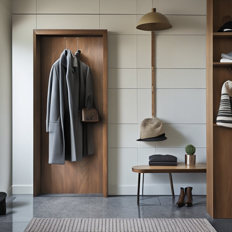 A modern entryway with polished concrete floors, featuring Yamazaki Home's sleek coat rack in a rich walnut finish, adorned with a few stylishly hung coats and a few hats, against a light gray wall.