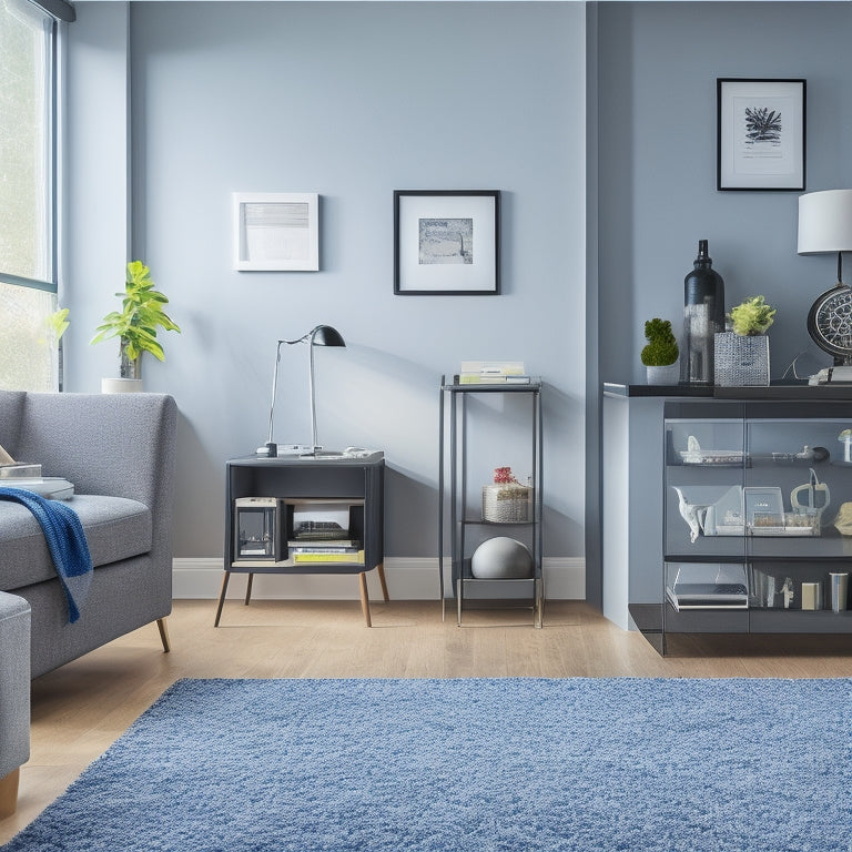 A tidy, modern living room with a tablet on a minimalist desk, surrounded by organized storage bins and a robot vacuum cleaner, with a calendar and a clock on the wall.