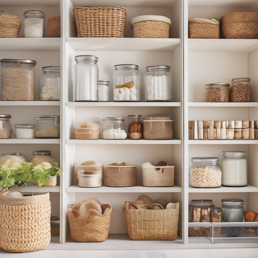 A tidy pantry with white shelves, clear glass jars filled with various grains, and woven baskets containing fresh produce, surrounded by a soft, natural light and a calming, creamy color scheme.