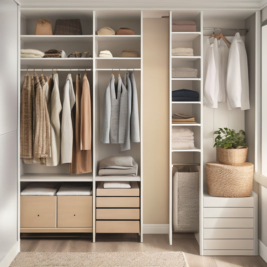 A serene, minimalist closet with soft, warm lighting, featuring a wall-mounted shelf with neatly folded clothes, a hanging organizer with compartments, and a storage ottoman with a subtle pattern.